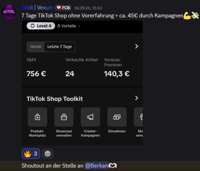 Andi, Woche 1: 140 € Provision plus ca. 45 € Kampagnen